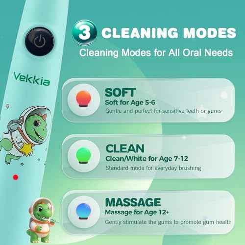 Vekkia Sonic Rechargeable Kids Electric Toothbrush for Ages 5-12+, Electric Toothbrush Kids with Timer 2 Minutes, 3 Modes with Memory, 35,000 VPM, IPX8 Waterproof, Long Battery Life, 4 Brush Heads