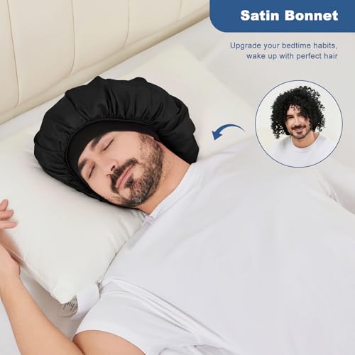3Pcs Satin Bonnets for Men, Hair Bonnet for Sleeping Women Soft Elastic Band Silk Sleep Bonnet for Curly Hair Braids