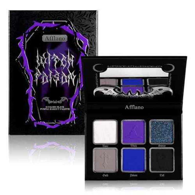 Afflano Goth Eyeshadow Palette Purple Blue, Multichrome Chrome Blue Purple Matte Black White Grey Dark Eye Shade, Gothic Halloween Makeup Eye Shadow Pallet for Joker Clown Cosplay SFX Makeup Costume