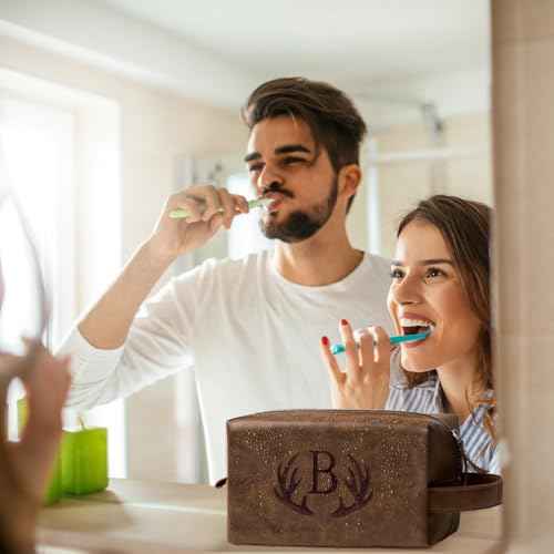 Unique Fathers Day Birthday Gifts Engraved Initial Travel Toiletry Bag for Men Personalized PU Leather Waterproof Shaving Bag for Toiletries Accessories Travel Essentials for Him (J)