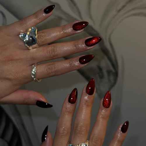 KQueenest Dark Red Press on Nails Cat Eye, Burgundy Glitter Press on Nails Almond Medium, Sparkly Shiny Fake Nails Set, Cute Bling Glue on Nails Medium for Women Christmas, Gothic Design, 30 Pcs