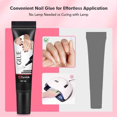 Curvlife Newly Upgraded Quick Drying 10g Semi Solid Nail Glue with 10ml Remover for Press On Nails Tips No Need for UV Lamp Long Lasting Fake Acrylic Nails Kit Glue Gel