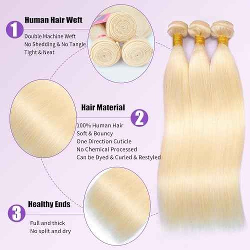 12A Grade 613 Bundles Human Hair Straight Blonde Bundles Human Hair 100% Unprocessed Brazilian Virgin Raw Hair Quick Weave for women 3 Bundle Deals Hair Extensions 22 24 26 Inch