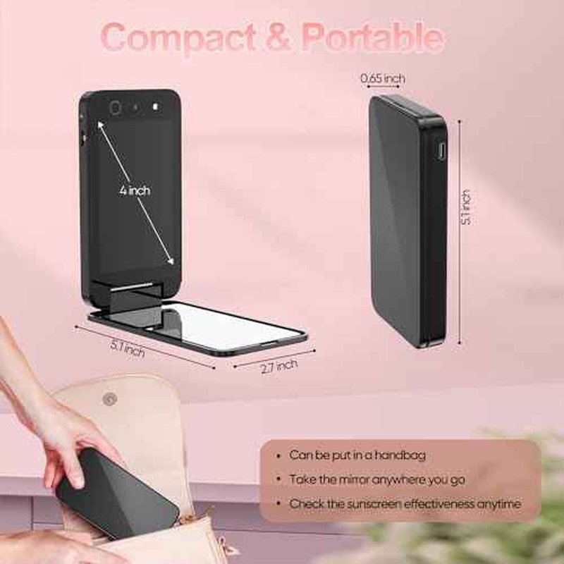 UV Camera for Sunscreen Test UV Mirror Sunscreen Camera, 4 Inch Vanity Mirror Rechargeable Compact Travel Makeup Mirror Handheld Double-Sided Pocket Mirror for Skin Protection(Dark Black)