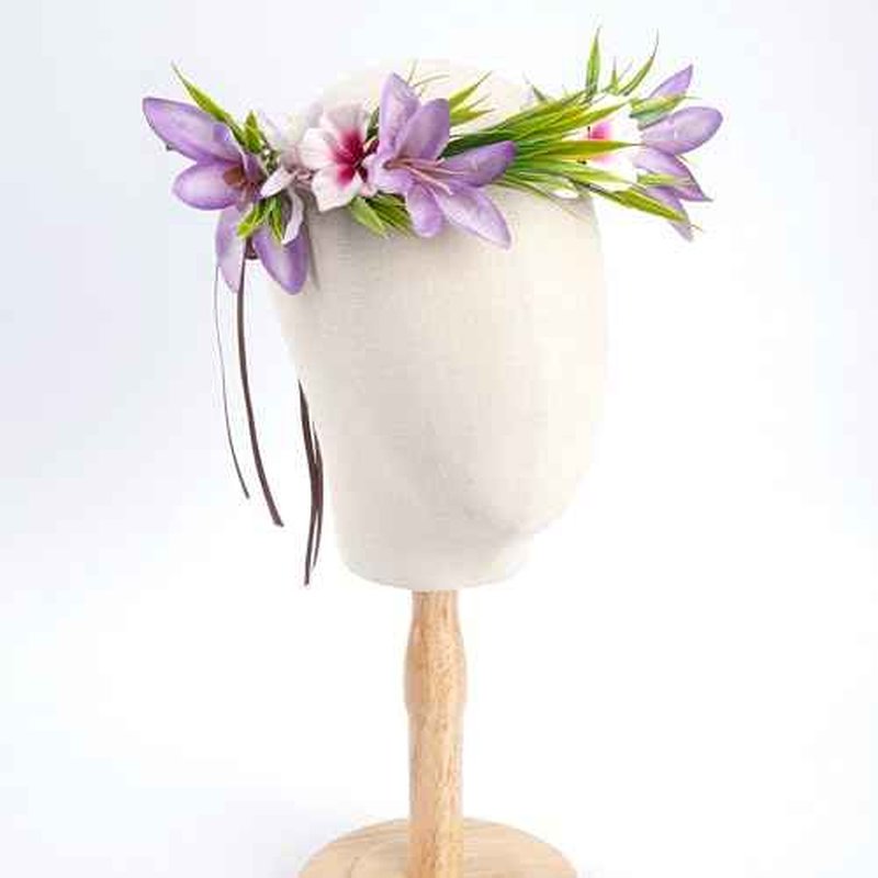 Hawaiian Leis Flower Headband - Hawaii Floral Headpiece Tropical Luau Flower Crown with Ribbon Lei Luau Dress Up Accessory Summer Beach Wedding Party Festival Photos (Purple, Pink)