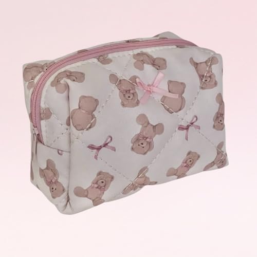 Teddy Bow Makeup Bag Set of 2, Cotton Quilted Bear Makeup Bags with Satin Pink Bows, Cute Girly Toiletry Pouch Set, Small Bag for Purse, Coquette Accessories, Aesthetic Gift Set for Women Teen Girls