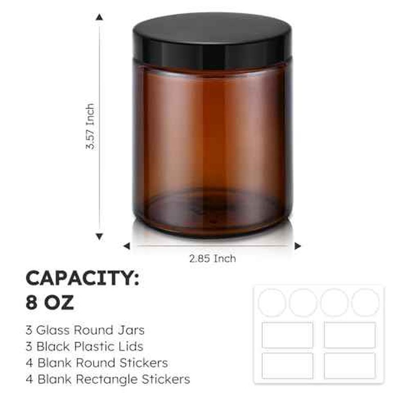 Tecohouse 8oz Amber Glass Jars with Lids, 3 Pack Candle Jars with Blank Labels, 250g Wide Mouth | Lotion Container for Sample, Cream, Lotion, Honey, Powder, Jelly | Home & Beauty