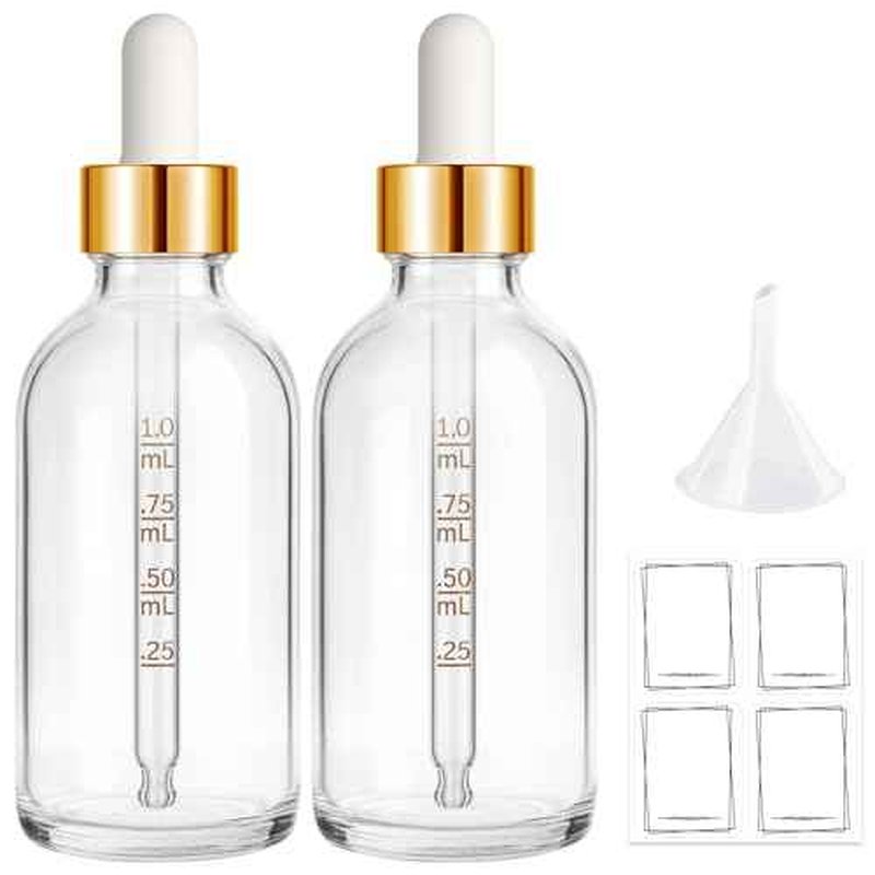 Bumobum 2 Pack, 2 oz Golden Cap Clear Glass Eye Dropper Bottle with Labels and Funnel, Leakproof Tincture Bottle with Measured Dropper for Essential Oils Bottles