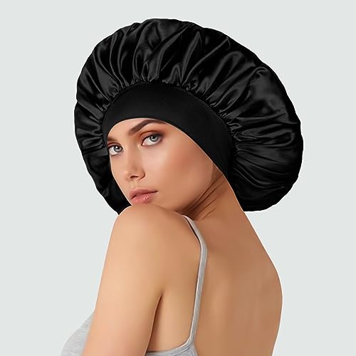 Extra Large Satin Bonnet Hair Cap, 17inches Silk Bonnet for Sleeping, Jumbo Silk Sleep Cap for Women Braids Curly Hair Locs 1Pcs (Black)