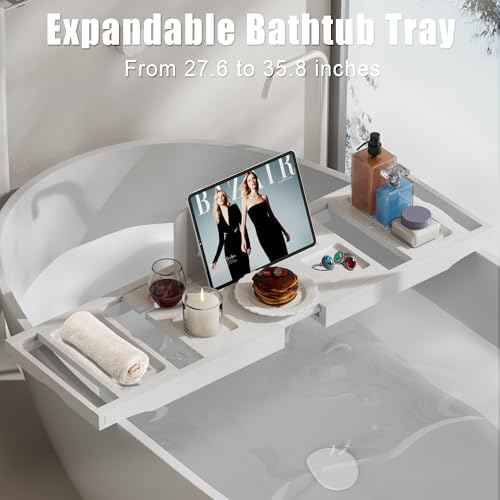 Bathtub Tray Caddy,Premium Bamboo Expandable Bath Tub Trays Table, Foldable Bathroom Accessories,Great House Warming, Anniversary and Birthday Gifts,White