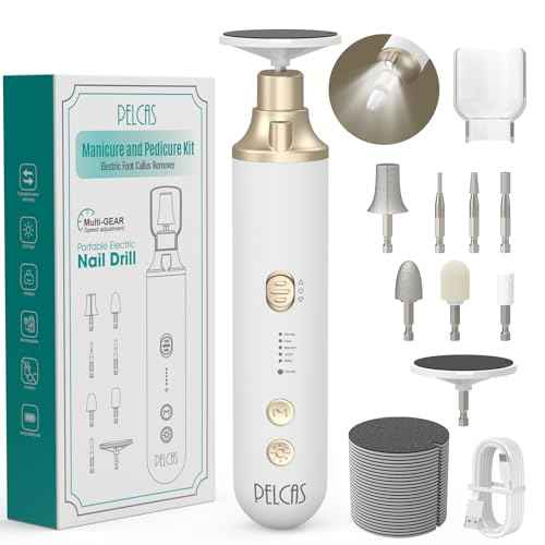 PELCAS 8 in 1 Cordless Nail Drill, Electric Nail Filer 5 Speeds Manicure & Pedicure Kit with LED Light, Electric Foot Callus Remover for Foot Callus, Toenail, Thick Nails, Finger Nails Golden