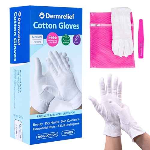 Cotton Gloves - for Beauty, Dry Hands, Eczema, Dermatitis and Psoriasis (7 Pairs) with Free Gifts (Professional Nail Buffer & Washing Bag) (Large)