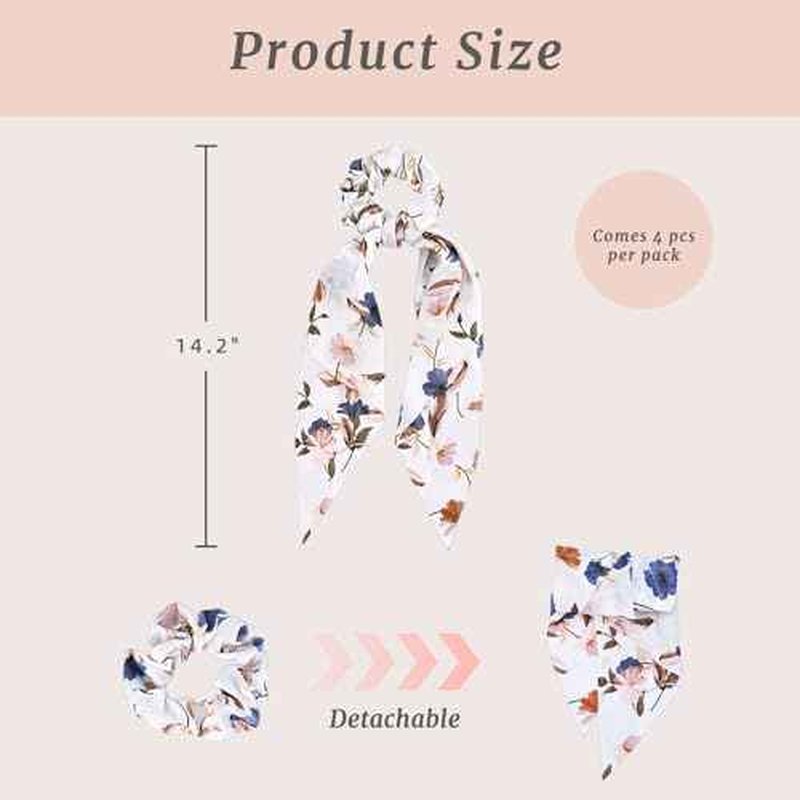 4-Piece Satin Hair Scarf Scrunchies for Women Girls, No Damage Cute Hair Ties with Bow Ribbons Ponytail Holders Elastic Rubber Bands (White Flower)