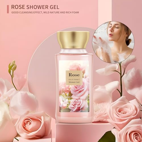 Bath and Body Gift Set for Women & Girls, Rose 3PCS Set for - Shower Gel, Body Lotion, Body Mist, Personal Portable Body Care Travel Set, Home Spa Set for Birthday Mother's Day Gifts for Her