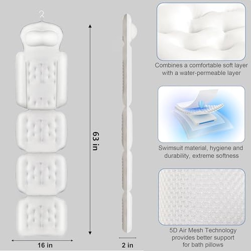 Luxury Full Body Bath Pillow for Bathtub, Bath Pillows for Tub with Mesh Laundry Bag, Cushion for Bathtub Headrest Neck Back Support - 5D Air Mesh & Quick Drying | White 63" x 16"