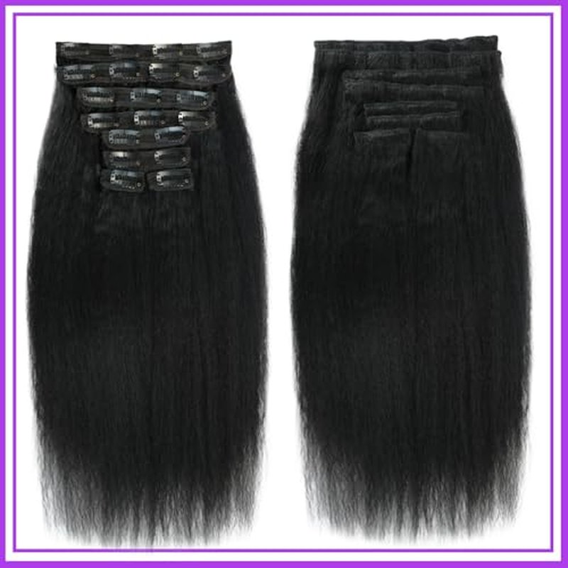 16 Inch Kinky Straight Clip ins 8Pcs 110g Clip in Hair Extensions Real Human Hair Yaki Straight Clipins for Black Women Full Head Brazilian Remy Hair Extensions Double Weft 20 Clips