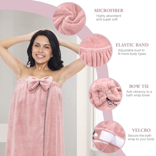 Hair Towel Women Bath Wrap - Adjustable Microfiber Super Absorbent to Quick Drying Hair and Body for Gym, Spa, Sauna and Shower After Body Cover, Pink