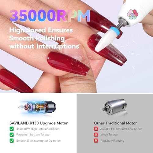 SAVILAND Advanced Cordless Electric Nail Drill: 10S Fast Removal 35000 RPM High Speed Nail File Kit for Acrylic Nail Tool Professional Rainbow Light LED Display Pro Manicure Kit Salon Travel Nail Tech