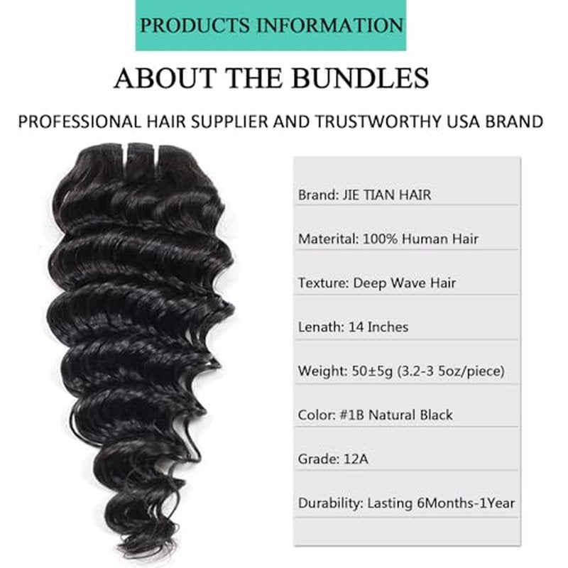 Deep Wave Human Hair bundles 14 Inch 12A Grade Brazilian Human Hair 100% Virgin Weave Bundles Human Hair for Black Women (14'' 14'' 14'' 14'')