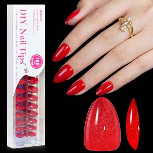 Jofay Fashion Christmas Fiery Red Press on Nails Set, 160Pcs Short Almond Fake Nails with Fine Glitter Glossy Acrylic False Nails Reusable Full Cover Stick on Nails for Women, 32 Sizes Thicker