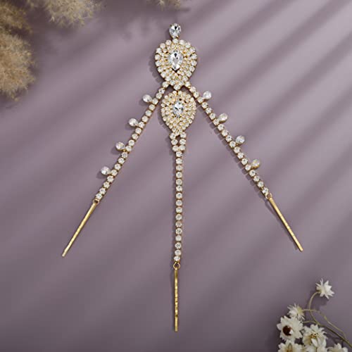 YERTTER Wedding Gold Rhinestone Head Chain With Clip Jewelry Forehead Tassel Fringe Headband Headpiece Crystal Chain Headband Hair Accessories for Women Brides Prom Costume(Gold 2)