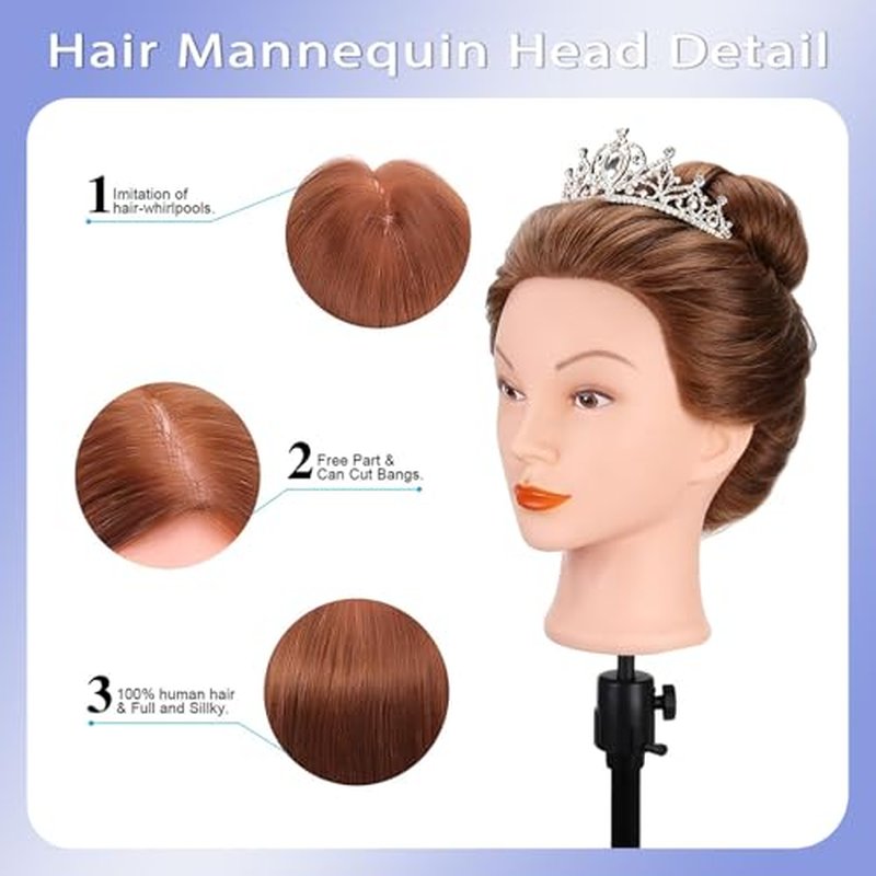 Mannequin Head with 100% Human Hair, TopDirect Real Hair Cosmetology Mannequin Head Hair Styling Hairdressing Practice Training Doll Head with Clamp Holder and Tools (Dark Brown)
