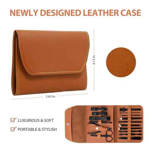Manicure Pedicure Kit, Nail Clippers Set, Fingernail and Toenail Clipper Cutters, 16 Pieces Stainless Steel Professional Nail Care Tools with Travel Leather Case for Men Women Gift