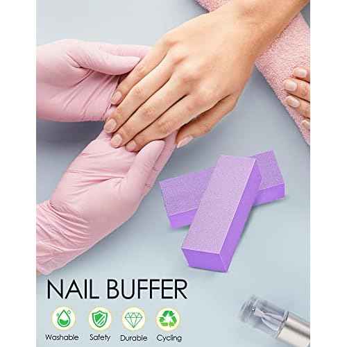 Maryton Nail Buffer Block, Medium/Fine Grit 100/180 Finishing Buffers for Acrylic Nails Gel Polish Nails, 3 Way Professional Pedicure Manicure Buffer Kits, 5 Count (Purple)