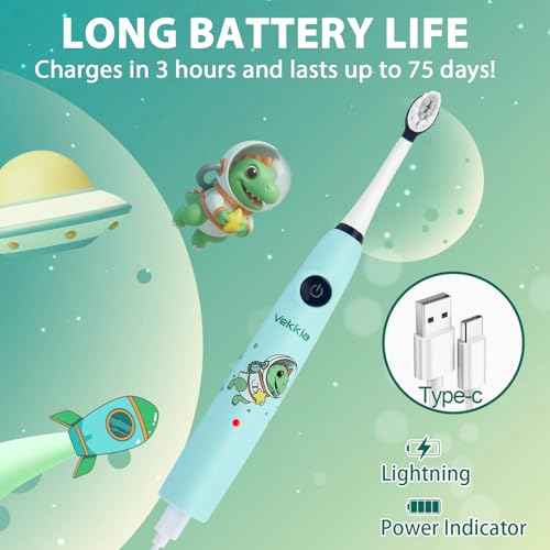 Vekkia Sonic Rechargeable Kids Electric Toothbrush for Ages 5-12+, Electric Toothbrush Kids with Timer 2 Minutes, 3 Modes with Memory, 35,000 VPM, IPX8 Waterproof, Long Battery Life, 4 Brush Heads