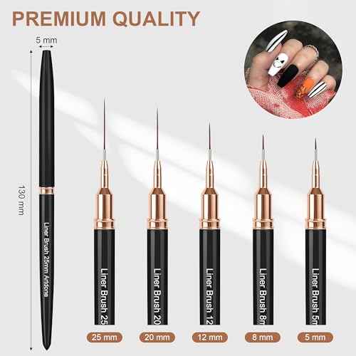 Artdone Metallic Nail Art Pens, Liner Brushes Set, 5PCS Black Color Nail Tools For Long Lines, Thin Details, Fine Drawing, Liner Brush UV Gel Polish Painting Nail Design Sizes 5/8/12/20/25mm