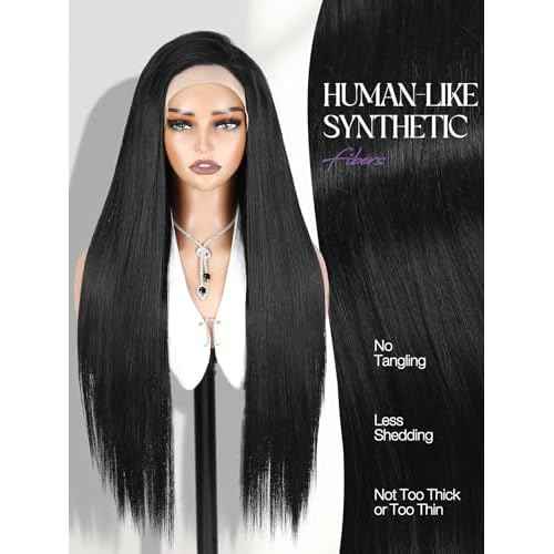 WIGER 28 Inch Straight Lace Front Wigs Long Nature Black Synthetic Heat Resistant Cosplay Wig For Women Pre Plucked Glueless Wig for Halloween Costume Girl Party Hair