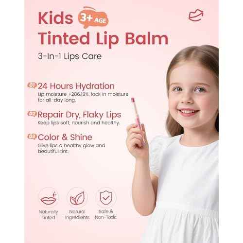 RUNBEN Kids Tinted Lip Balm, Strawberry-Scented Lipstick, 24H Moisturizing, Safe & Non-toxic Lip Gloss for Kids & Teen, Christmas Makeup Gift for Girls, 2g