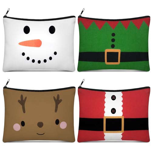 Reginary 4 Pieces Christmas Makeup Bags Bulk Christmas Gifts Cosmetic Bags with Zipper Xmas Portable Canvas Pouch Pen Pencil Pouch for Women Holiday Travel Xmas Party Gifts Supply