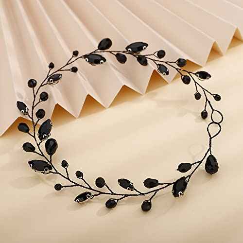 Teyglen Bridal Rhinestone Crystal Hair Vine - Handmade Long Black Rhinestones Headband for Brides, Vintage Headpieces for Women, Party Prom Birthday (Black)
