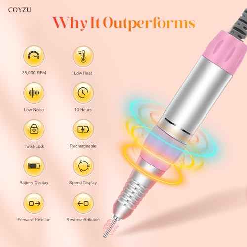 Electric Nail Drill Professional, 35000RPM Nail File Machine with Bits Set & Fast Cooling, Portable E File for Acrylic Gel Nail Polishing Removing, Manicure Pedicure at Salon & Home Use, Pink