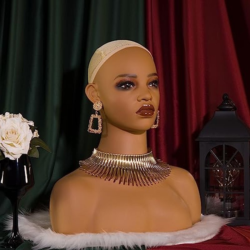 Realistic Female Mannequin Head with Shoulders Manikin Wig Head Stands for Wigs,Makeup,Jewerly,Beauty Accessories Displaying DX 410