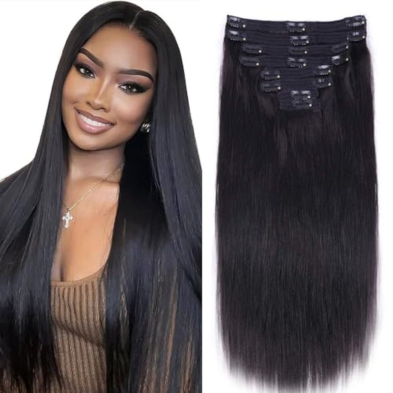 Nvnvdij Straight Clip in Hair Extensions Human Hair 8pcs Per Set with 18Clips Double Weft Clip in Human Hair Extensions Natural Black Color For Women (14 Inch, Straight Hair)