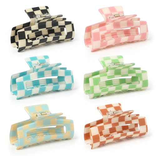 Checkered Multicolored Rectangle Y2K Hair Barrettes and Claw Clips - 6 Pcs Strong Hold Hair Accessories for Thin & Thick Hair