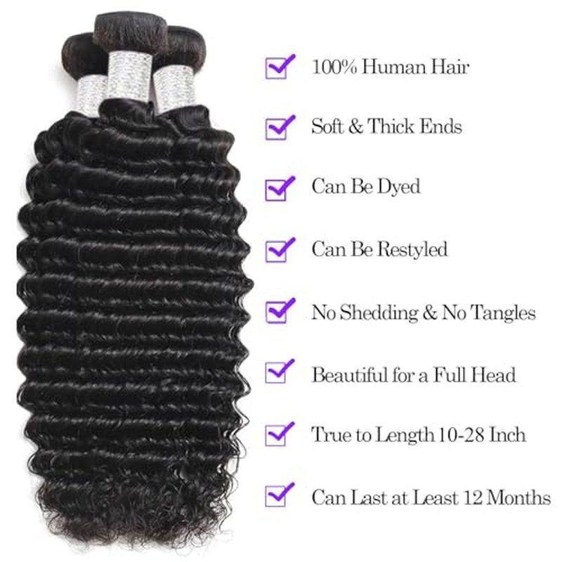 12A Brazilian Deep Wave Human Hair 3 Bundles 10 12 14 Inch 100% Unprocessed Brazilian Virgin Human Hair Weave Bundles Curly Wave Hair Extensions Natural Color