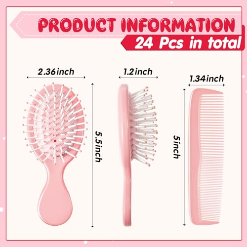 24 Pcs Mini Hair Brush Set 12 Travel Wet Dry Hair Combs Small Pocket Detangling 12 Plastic Combs for Spa Birthday Sleepover Bridal Shower Bachelorette Christmas Party Gift Box(Pink)