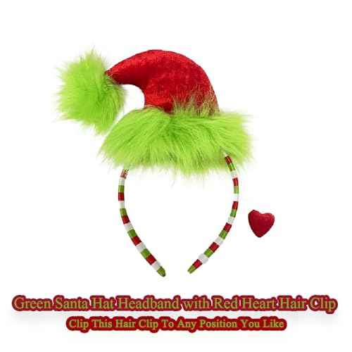 Green Furry Headband Christmas Hat Headband with Red Heart Cute Headpiece Funny Novelty Costume Accessories Christmas Party Favors Women Men
