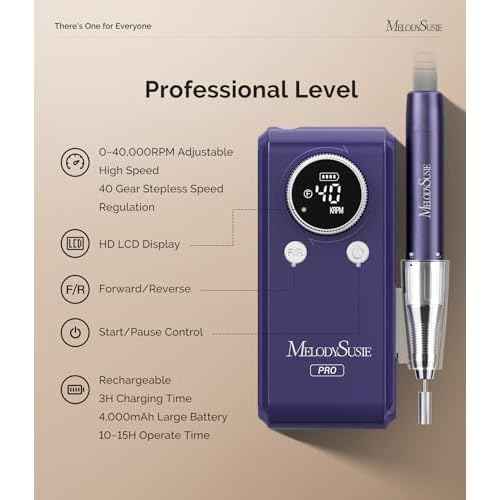 MelodySusie Professional 2 in 1 Nail Drill Kit 40,000 RPM, MB420G Brushless Portable Cordless Rechargeable Electric Nail File, Efile Nail Drill Machine for Acrylic Gel Nails Polishing Removing, Purple