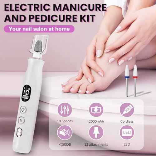 Electric Nail Drill, Cordless 2000 mAh Rechargeable Portable Nail File 12 in 1 Kit for Thick Toenails, 10 Speeds Nail Dril Machine Professional Manicure Pedicure for Hand Natural Nails Care (White)