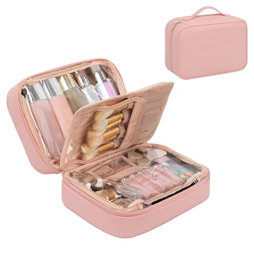 OCHEAL Makeup Bag, Makeup Travel Bag Large Capacity Cosmetic Organizer Bag with Makeup Brush Compartment & Handle for Women Girls Travel Toiletry Accessories-Pink