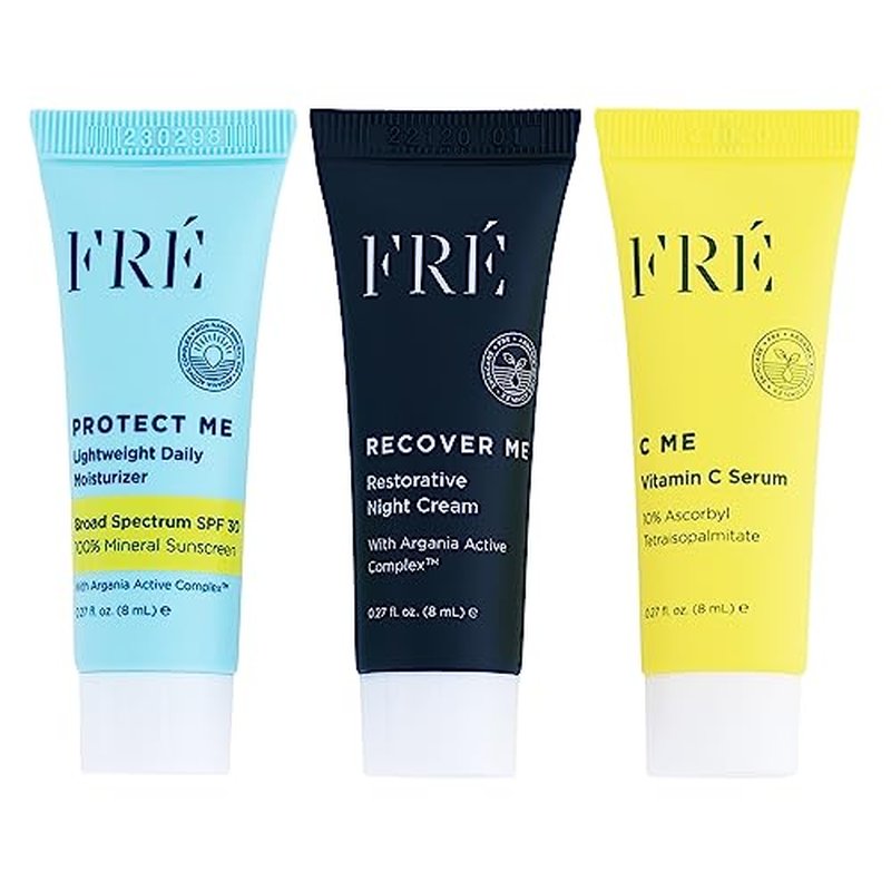 FRE DELUXE Mini Must Haves Skin Care Set with C ME, PROTECT ME & RECOVER ME- Anti Aging Vitamin C Brightening Serum, Face Moisturizer SPF 30 Travel Size Mineral Sunscreen & Restorative Night Cream