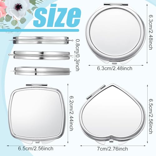 Jetec 12 Pcs Sublimation Blanks Products Small Compact Mirror Bulk Heat Transfer Folding Pocket Makeup Mirror Heart Round Square Double Sided Handheld Sublimation Mirror for Women Gift Purse Travel