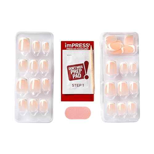 KISS imPRESS No Glue Mani Press On Nails, French, 'Model', Light Neutral + White Tip French, Short Size, Squoval Shape, Includes 30 Nails, Prep Pad, Instructions Sheet, 1 Manicure Stick, 1 Mini File