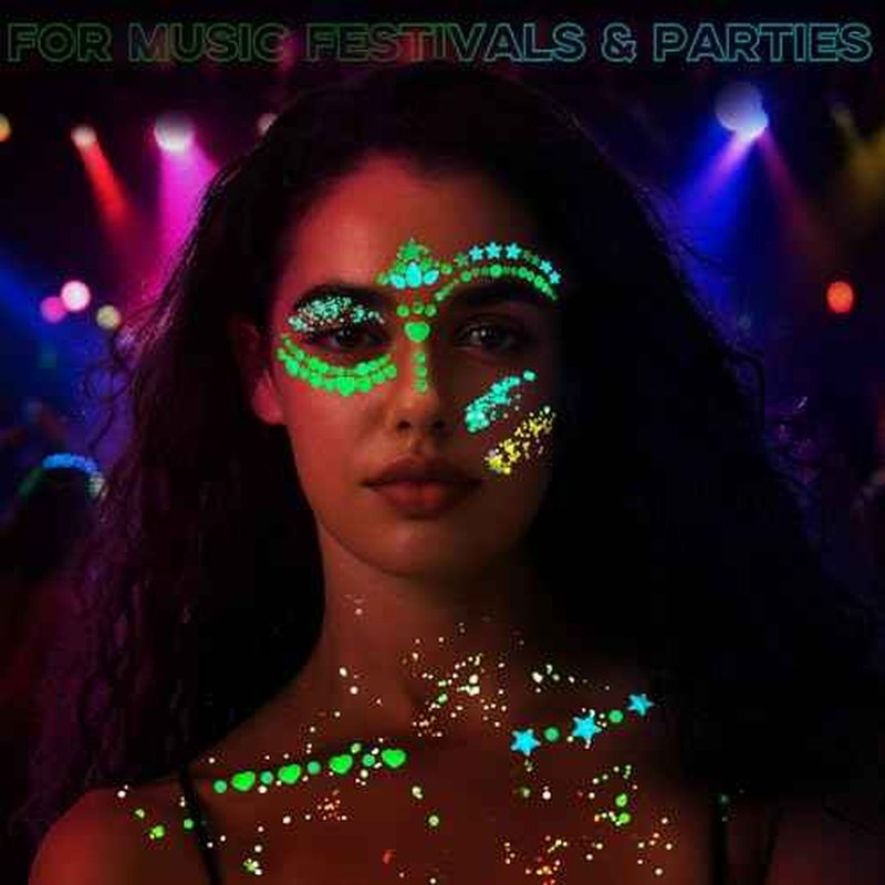 YGDZ Glow in The Dark Body Glitter, Face Glitter Gel, Mermaid Face Gems Kit, Hair Glitter Jewels for Makeup, Festival Outfits for UV Black Light Party, Rave Accessories for Women