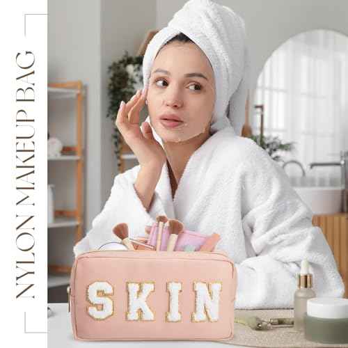 Cunno 4 Pcs Preppy Makeup Bags Chenille Letter Stuff Bag Nylon Cosmetic Pouch Cases with Zipper for Women Travel Toiletry