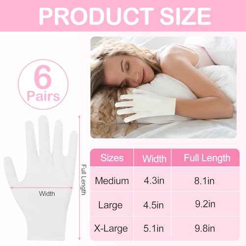 6 Pair White Cotton Gloves for Dry Hands, Moisturizing Overnight Work Gloves Liners for Eczema, Psoriasis Skin Spa Treatment Coin Jewelry Craft Handling for Women & Men, Large
